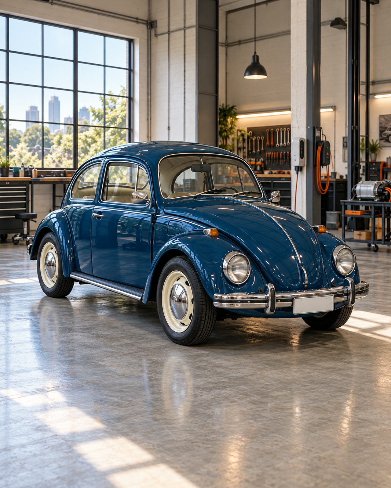 Fusca azul-petróleo em enquadramento vertical