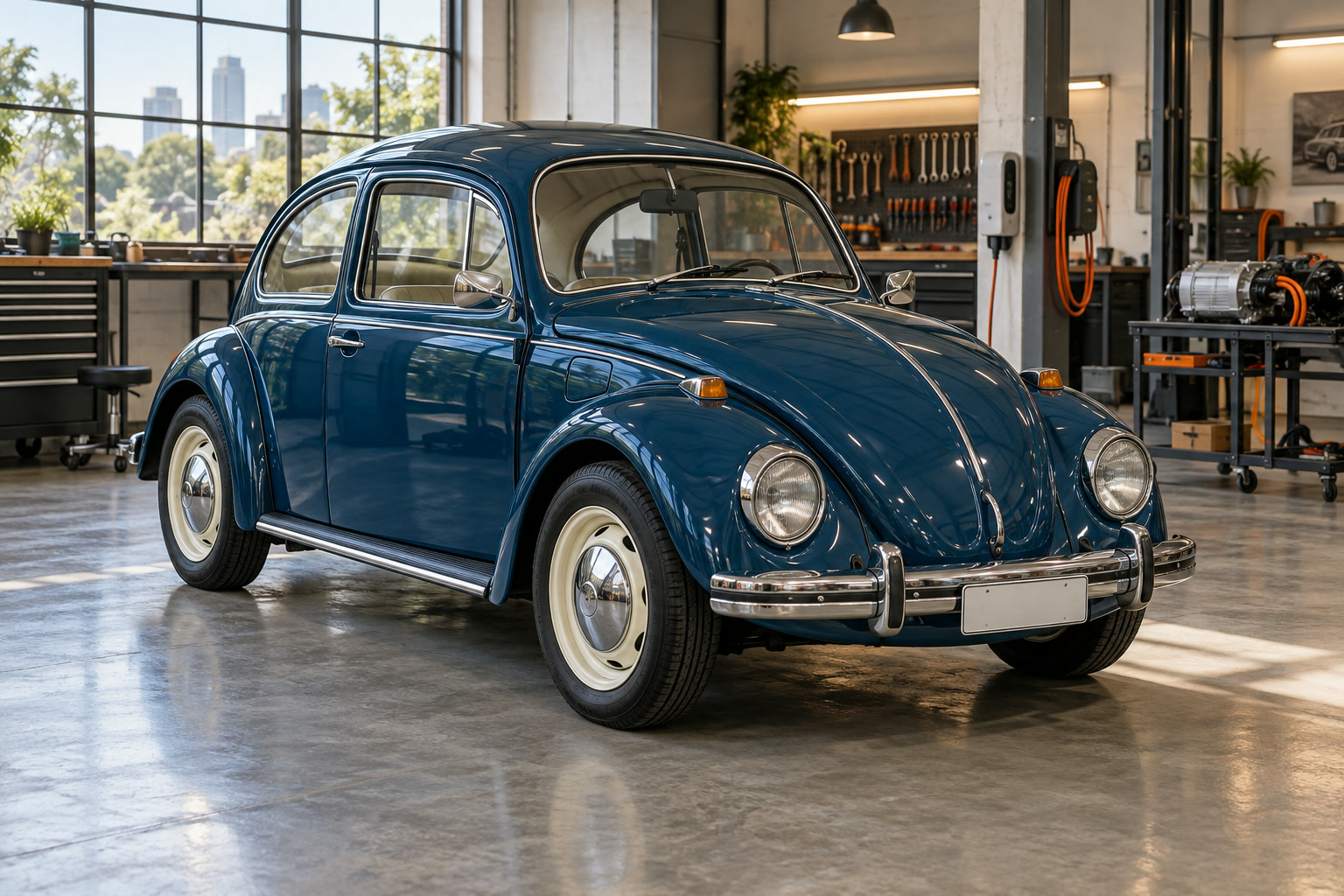 Fusca azul-petróleo dentro da oficina