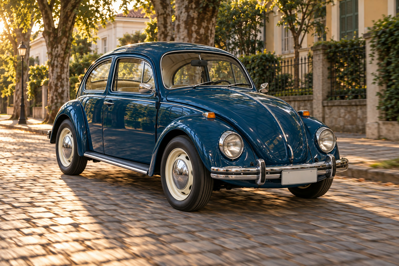 Fusca azul-petróleo em rua de paralelepípedo